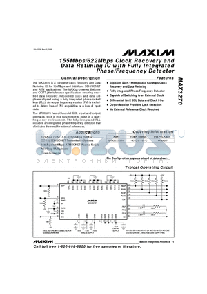 MAX3270 datasheet - 155Mbps/622Mbps Clock Recovery and Data Retiming IC with Fully Integrated Phase/Frequency Detector