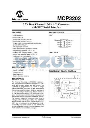 MCP3202-BIP datasheet - 2.7V Dual Channel 12-Bit A/D Converter with SPI Serial Interface