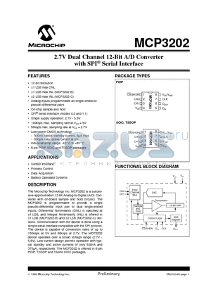 MCP3202 datasheet - 2.7V Dual Channel 12-Bit A/D Converter with SPI Serial Interface