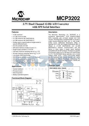 MCP3202-BI/P datasheet - 2.7V Dual Channel 12-Bit A/D Converter with SPI Serial Interface