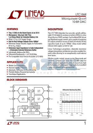 LTC1664CGN datasheet - Micropower Quad 10-Bit DAC