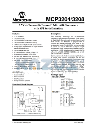 MCP3204-BI/SL datasheet - 2.7V 4-Channel/8-Channel 12-Bit A/D Converters with SPI Serial Interface