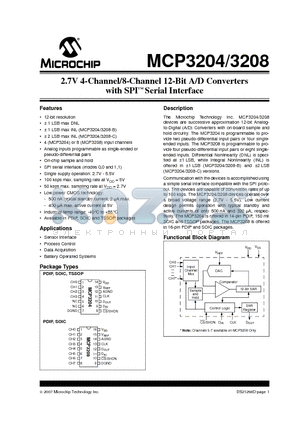 MCP3204-BI/P datasheet - 2.7V 4-Channel/8-Channel 12-Bit A/D Converters with SPI Serial Interface