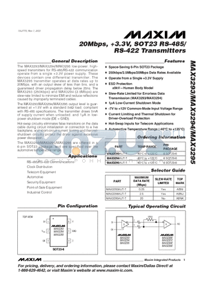 MAX3280E datasheet - 20Mbps, 3.3V, SOT23 RS-485/ RS-422 Transmitters