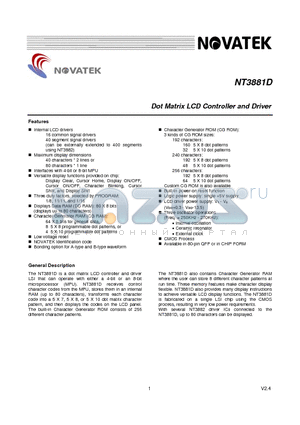 NT3881DH-01 datasheet - Dot Matrix LCD Controller and Driver