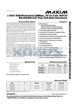 MAX3280E datasheet - a15kV ESD-Protected 52Mbps, 3V to 5.5V, SOT23 RS-485/RS-422 True Fail-Safe Receivers