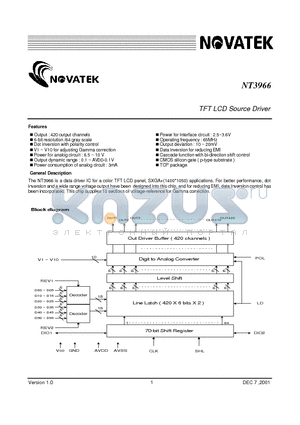 NT3966 datasheet - TFT LCD SOURCE DRIVER