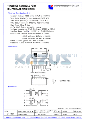 LF-H52X datasheet - 10/100BASE-TX SINGLE PORT DIL PACKAGE MAGNETICS