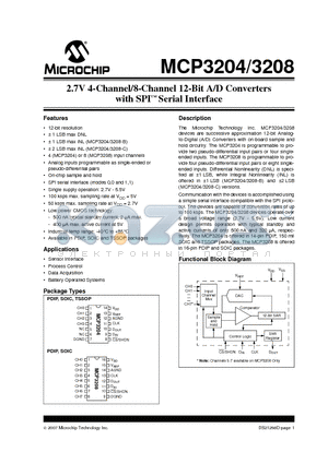 MCP3208-BI/SL datasheet - 2.7V 4-Channel/8-Channel 12-Bit A/D Converters with SPI Serial Interface