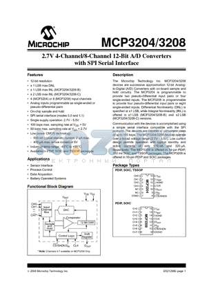 MCP3208-BI/SL datasheet - 2.7V 4-Channel/8-Channel 12-Bit A/D Converters with SPI Serial Interface