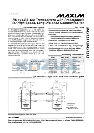 MAX3291 datasheet - RS-485/RS-422 Transceivers with Preemphasis for High-Speed, Long-Distance Communication