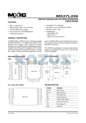 MX27L256PI-20 datasheet - 256K-BIT [32Kx8] LOW VOLTAGE OPERATION CMOS EPROM