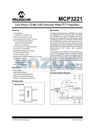 MCP3221A3T-I/OT datasheet - Low Power 12-Bit A/D Converter With I2C Interface