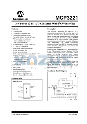 MCP3221A4T-I/OT datasheet - Low Power 12-Bit A/D Converter With I2C Interface