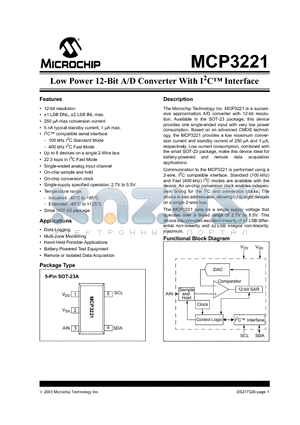 MCP3221A5T-I/OT datasheet - Low Power 12-Bit A/D Converter With I2C Interface