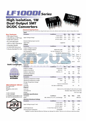 LF100DI datasheet - High Isolation, 1W Dual Output SMT DC/DC Converters