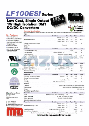 LF100ESI datasheet - Low Cost, Single Output 1W High Isolation SMT DC/DC Converters