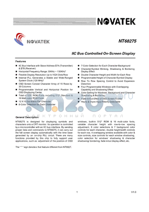 NT68275 datasheet - IIC Bus Controlled On-Screen Display