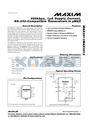 MAX3311CUB datasheet - 460kbps, 1lA Supply Current, RS-232-Compatible Transceivers in lMAX
