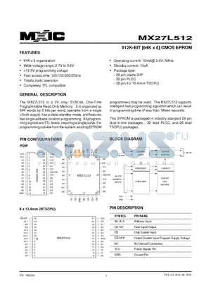 MX27L512PC-25 datasheet - 512K-BIT [64K x 8] CMOS EPROM