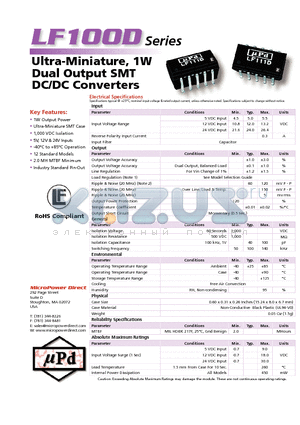 LF101D datasheet - Ultra-Miniature, 1W Dual Output SMT DC/DC Converters