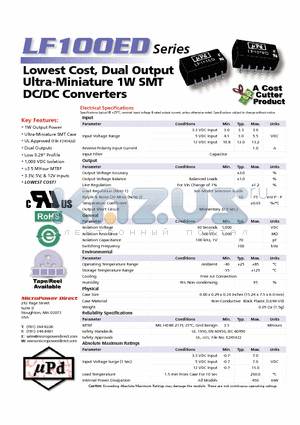 LF101ED datasheet - Lowest Cost, Dual Output Ultra-Miniature 1W SMT DC/DC Con vert ers