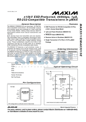 MAX3313EEUB datasheet - a15kV ESD-Protected, 460kbps, 1lA, RS-232-Compatible Transceivers in lMAX