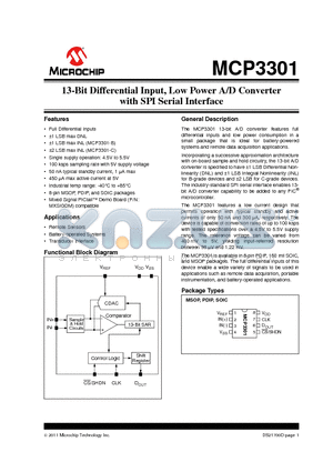 MCP3301 datasheet - 13-Bit Differential Input, Low Power A/D Converter with SPI Serial Interface