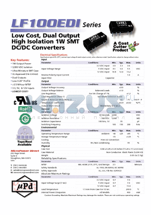 LF102EDI datasheet - Low Cost, Dual Output High Isolation 1W SMT DC/DC Converters