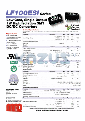 LF102ESI datasheet - Low Cost, Single Output 1W High Isolation SMT DC/DC Converters