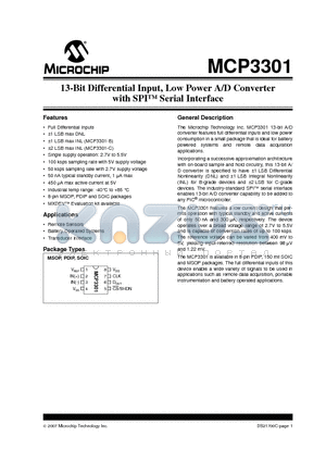 MCP3301T-BI/P datasheet - 13-Bit Differential Input, Low Power A/D Converter with SPI Serial Interface