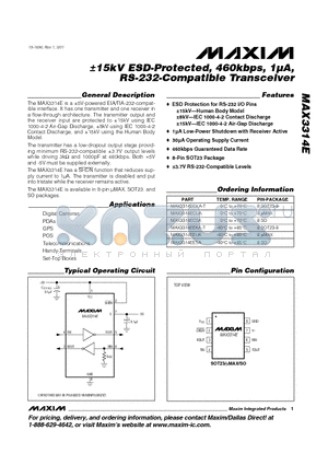 MAX3314EEKA-T datasheet - a15kV ESD-Protected, 460kbps, 1lA, RS-232-Compatible Transceiver