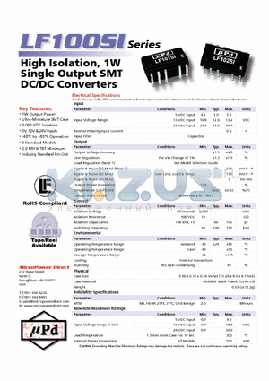 LF102SI datasheet - High Isolation, 1W Single Output SMT DC/DC Converters