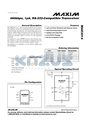 MAX3314EKA datasheet - 460kbps, 1lA, RS-232-Compatible Transceiver