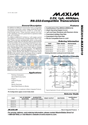 MAX3316EAE datasheet - 2.5V, 1uA, 460kbps, RS-232-Compatible Transceivers