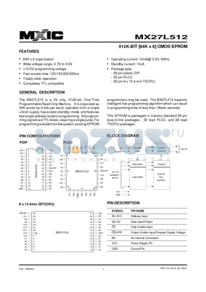 MX27L512PC-12 datasheet - 512K-BIT [64K x 8] CMOS EPROM