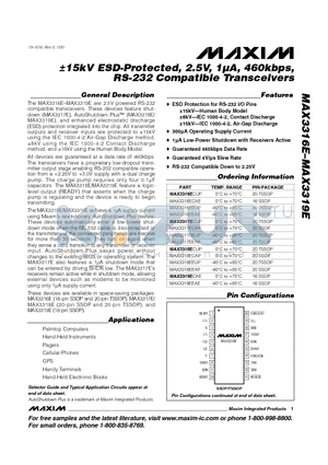 MAX3317ECAP datasheet - a15kV ESD-Protected, 2.5V, 1lA, 460kbps, RS-232 Compatible Transceivers
