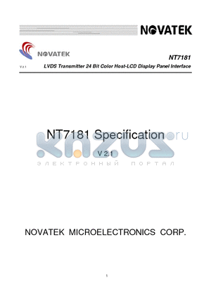 NT7181F datasheet - LVDS Transmitter 24 Bit Color Host-LCD Display Panel Interface