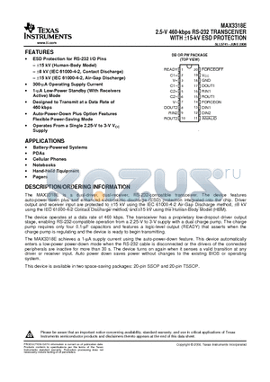 MAX3318E datasheet - 2.5-V 460-kbps RS-232 TRANSCEIVER WITH a15-kV ESD PROTECTION