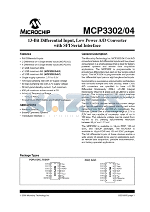 MCP3304-BI/P datasheet - 13-Bit Differential Input, Low Power A/D Converter with SPI Serial Interface