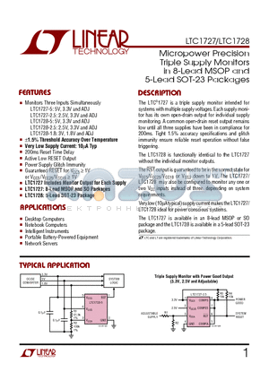 LTC1727 datasheet - Micropower Precision Triple Supply Monitors in 8-Lead MSOP and 5-Lead SOT-23 Packages