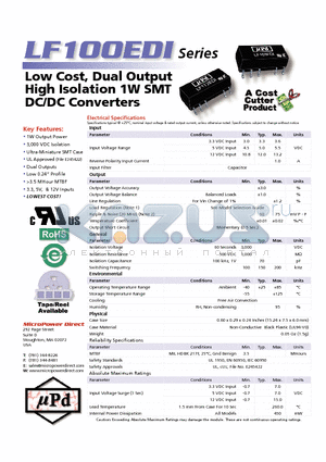 LF111EDI datasheet - Low Cost, Dual Output High Isolation 1W SMT DC/DC Converters