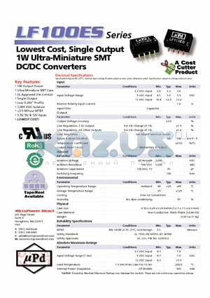 LF111ES datasheet - Lowest Cost, Single Output 1W Ultra-Miniature SMT DC/DC Converters