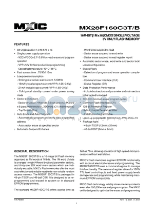 MX28F160C3T datasheet - 16M-BIT [1M x16] CMOS SINGLE VOLTAGE 3V ONLY FLASH MEMORY