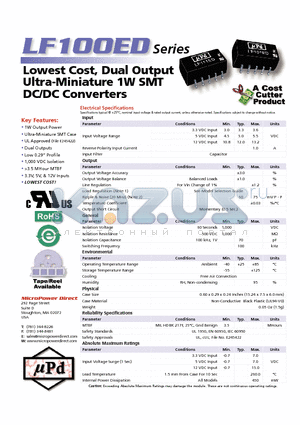 LF112ED datasheet - Lowest Cost, Dual Output Ultra-Miniature 1W SMT DC/DC Con vert ers