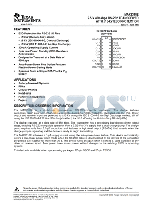 MAX3318ECPWRG4 datasheet - 2.5-V 460-kbps RS-232 TRANSCEIVER WITH a15-kV ESD PROTECTION