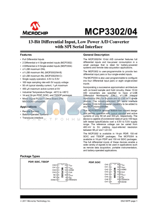 MCP3304T datasheet - 13-Bit Differential Input, Low Power A/D Converter with SPI Serial Interface