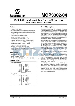 MCP3304T-BI/P datasheet - 13-Bit Differential Input, Low Power A/D Converter with SPI Serial Interface