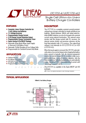 LTC1731-4.2 datasheet - Single Cell Lithium-Ion Linear Battery Charger Controllers
