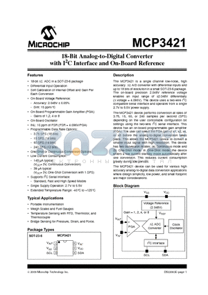 MCP3421 datasheet - 18-Bit Analog-to-Digital Converter with I2C Interface and On-Board Reference